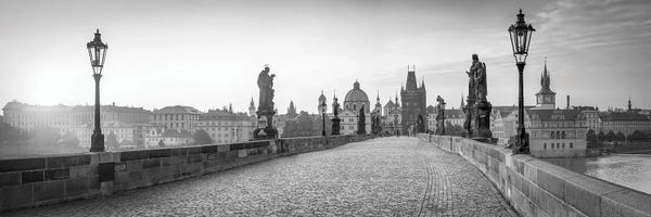 Bridges: Charles Bridge Panorama In Black And White, Prague, Czech Republic by Jan Becke