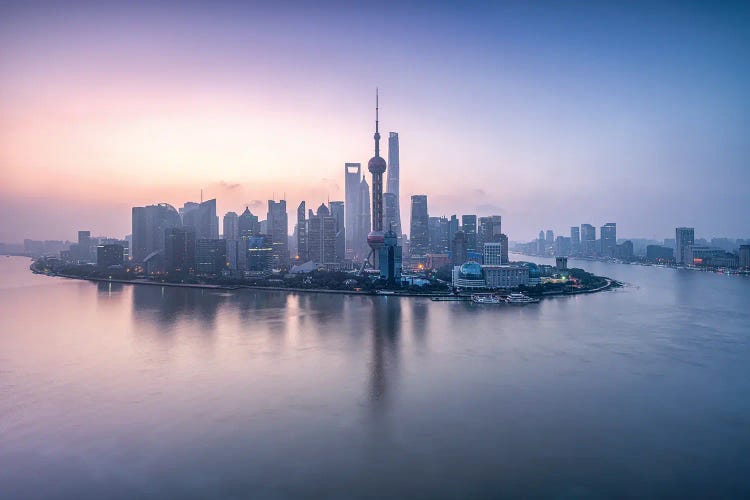 Pudong Skyline With Oriental Pearl Tower At Sunrise, Shanghai, China