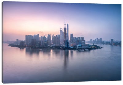 Pudong Skyline With Oriental Pearl Tower At Sunrise, Shanghai, China Canvas Art Print - Shanghai