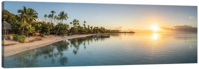 Tropical Beach Panorama At Sunrise, Moorea Island, French Polynesia Canvas Art Print - Beach Sunrise & Sunset Art