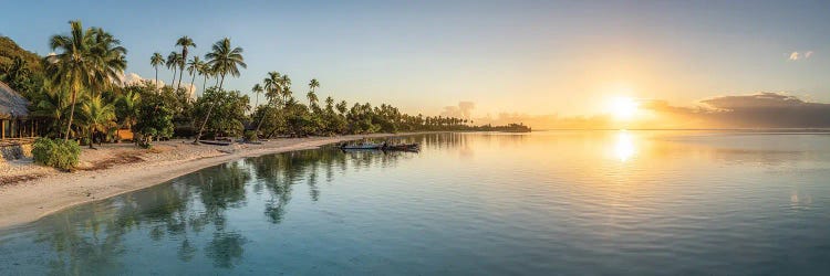 Tropical Beach Panorama At Sunrise, Moorea Island, French Polynesia