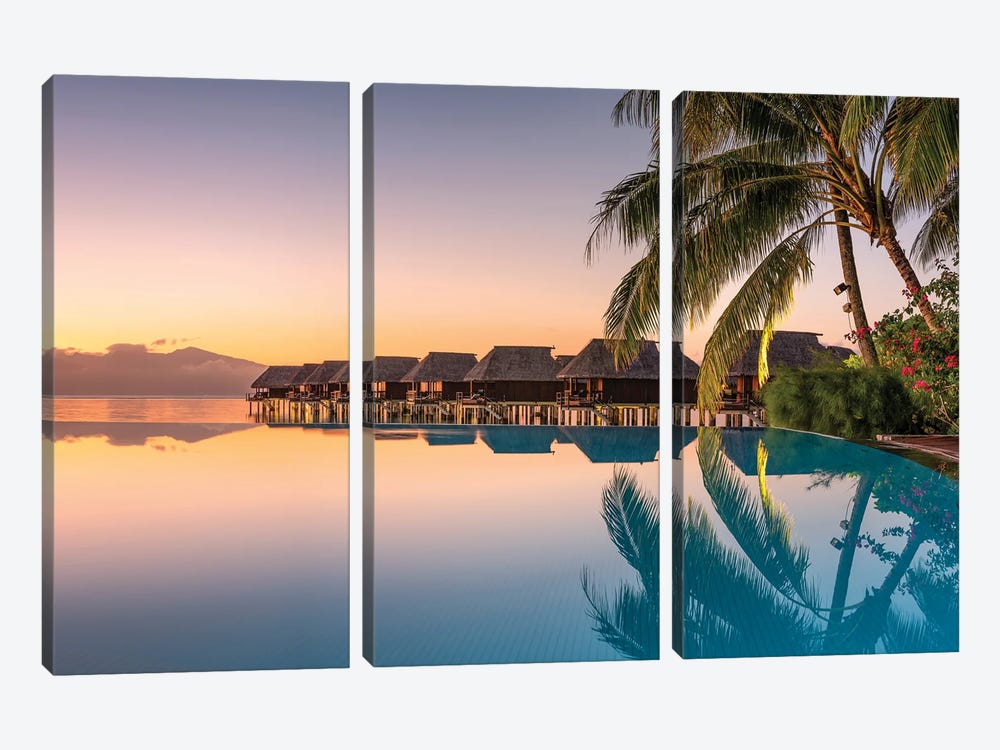 Sunrise At A Luxury Beach Resort In The South Seas, Moorea island, French Polynesia by Jan Becke 3-piece Canvas Print