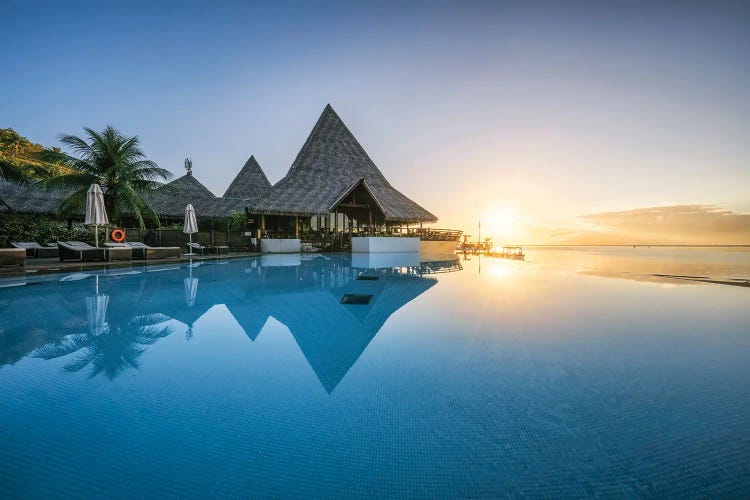 Sunset View At A Luxury Beach Resort In The South Seas, Moorea Island, French Polynesia