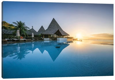 Sunset View At A Luxury Beach Resort In The South Seas, Moorea Island, French Polynesia Canvas Art Print - Mo'orea
