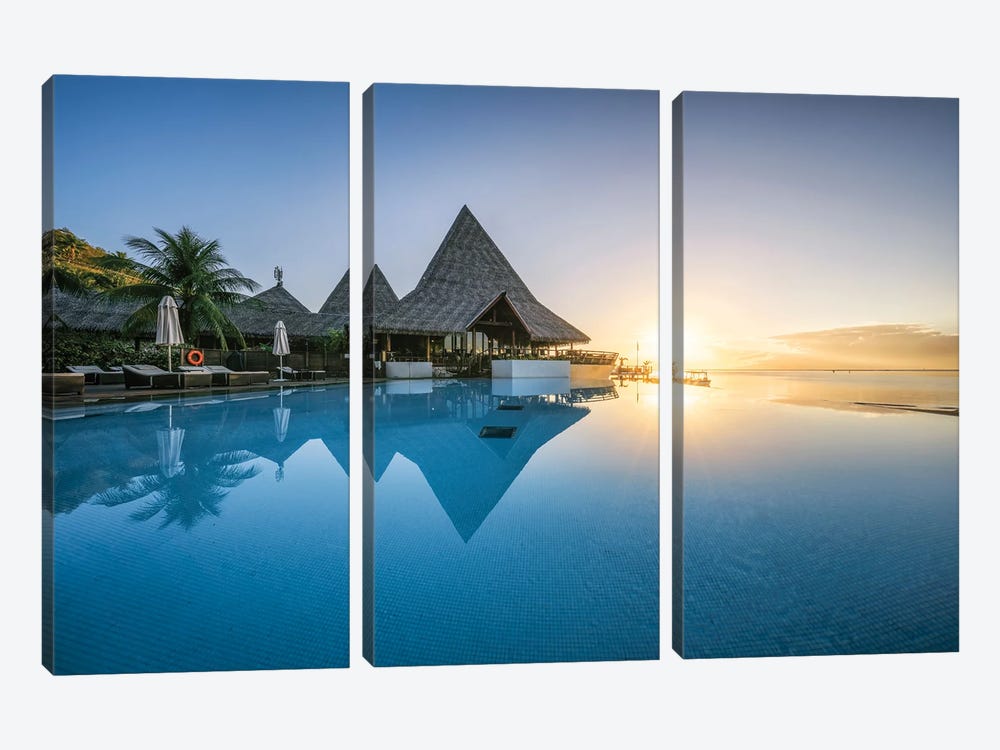 Sunset View At A Luxury Beach Resort In The South Seas, Moorea Island, French Polynesia by Jan Becke 3-piece Canvas Artwork
