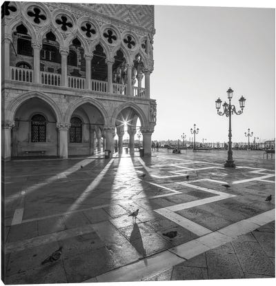 Doge's Palace At Sunrise In Black And White, Piazza San Marco (St Mark's Square), Venice, Italy Canvas Art Print - Venice Art