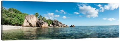 Tropical Beach Panorama On La Digue Island, Seychelles Canvas Art Print - Wonders of the World