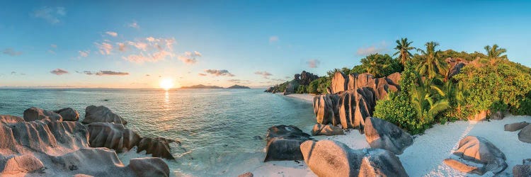 Sunset Panorama At Anse Source d'Argent Beach On La Digue Island, Seychelles