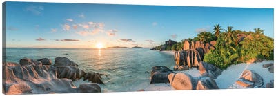 Sunset Panorama At Anse Source d'Argent Beach On La Digue Island, Seychelles Canvas Art Print - Natural Wonders