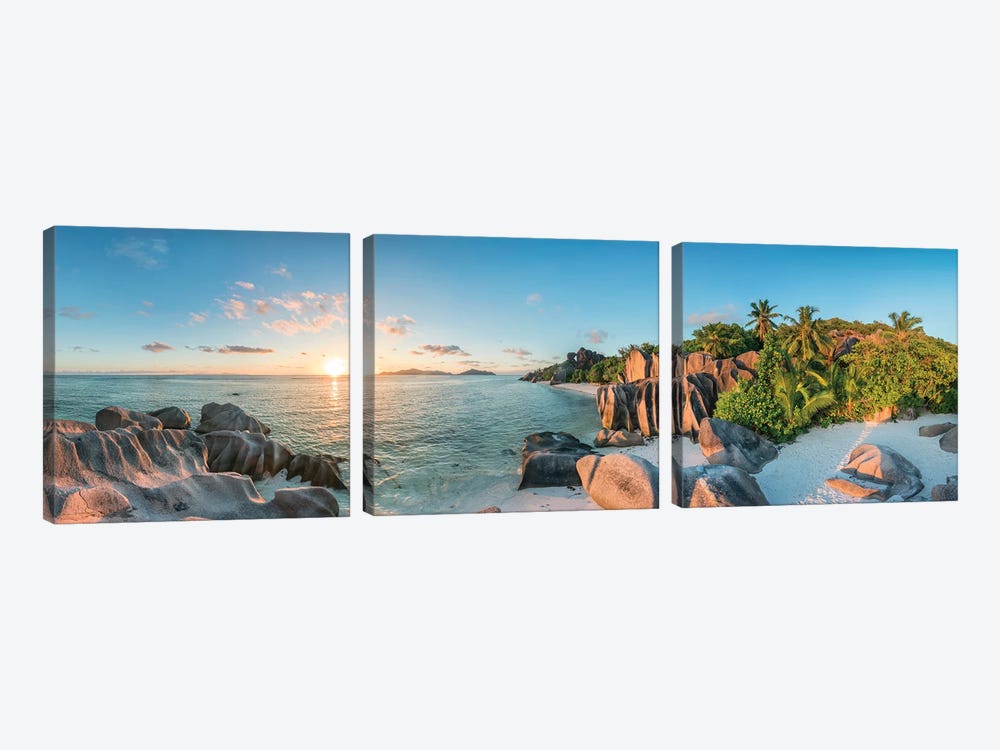 Sunset Panorama At Anse Source d'Argent Beach On La Digue Island, Seychelles by Jan Becke 3-piece Canvas Art