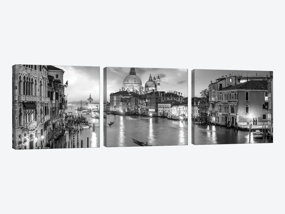 Canal Grande Panorama In Black And White, Venice, Italy 3-piece Canvas Artwork