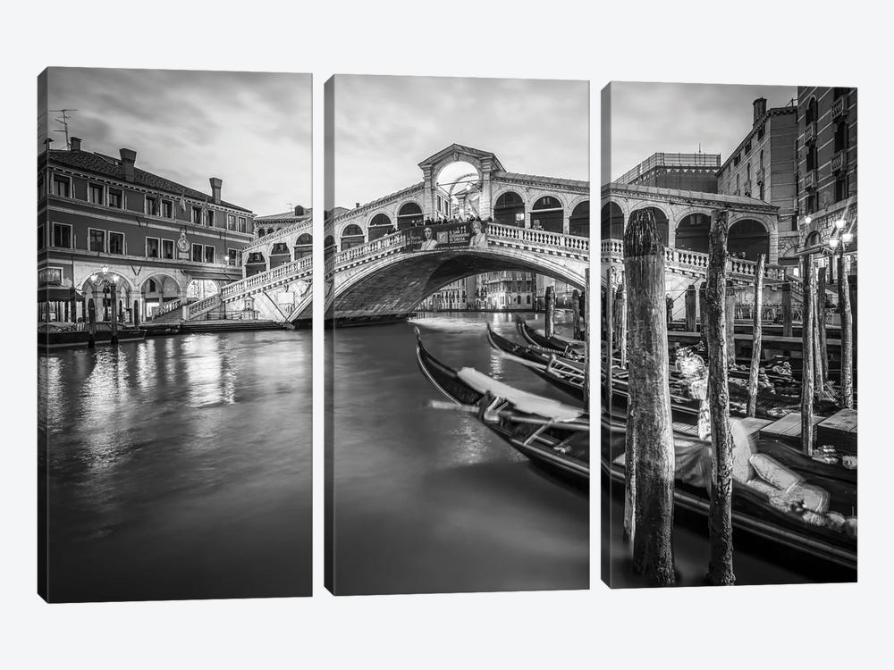 Rialto Bridge In Black And White, Venice, Italy by Jan Becke 3-piece Canvas Art Print