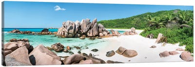 Panoramic View Of The Beach Anse Cocos, La Digue Island, Seychelles Canvas Art Print - Seychelles
