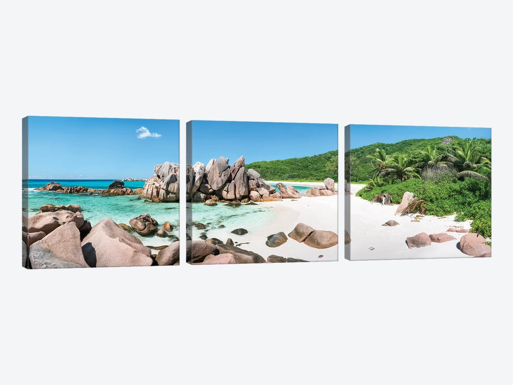 Panoramic View Of The Beach Anse Cocos, La Digue Island, Seychelles by Jan Becke 3-piece Art Print