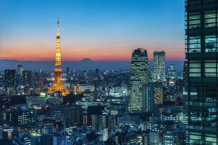 Tokyo Skyline At Night With View Of Tokyo Tower And Mount Fuji