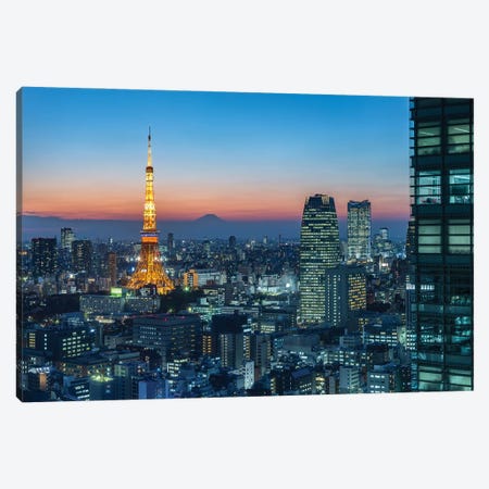 Tokyo Skyline At Night With View Of Tokyo Tower And Mount Fuji Canvas Print #JNB2218} by Jan Becke Art Print