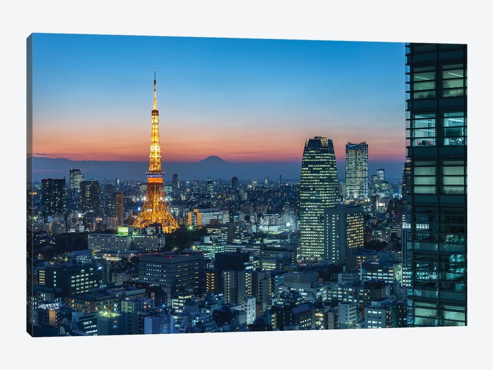 Tokyo Skyline At Night With View Of Tokyo Tower And Mount Fuji by Jan Becke 1-piece Canvas Artwork