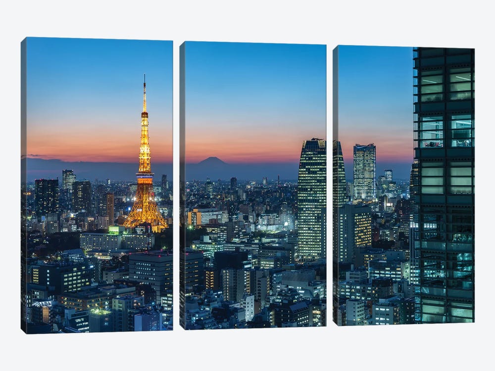 Tokyo Skyline At Night With View Of Tokyo Tower And Mount Fuji by Jan Becke 3-piece Canvas Artwork