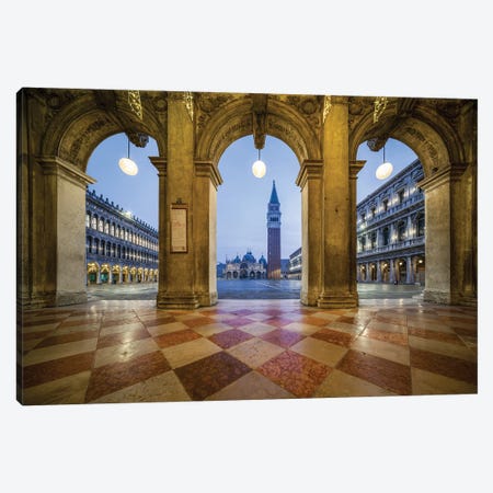 Piazza San Marco At Dusk With View Of St Mark's Basilica And Campanile, Venice, Italy Canvas Print #JNB2222} by Jan Becke Canvas Wall Art
