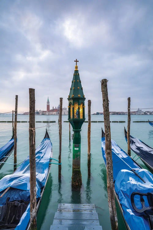 Gondolas At The Pier In Front Of San Giorgio Maggiore Island, Venice, Italy