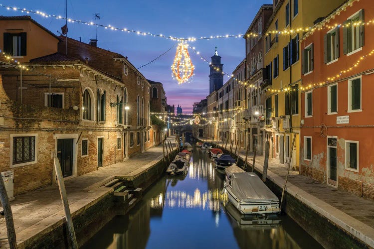 Christmas Decoration At A Small Canal In Venice, Italy