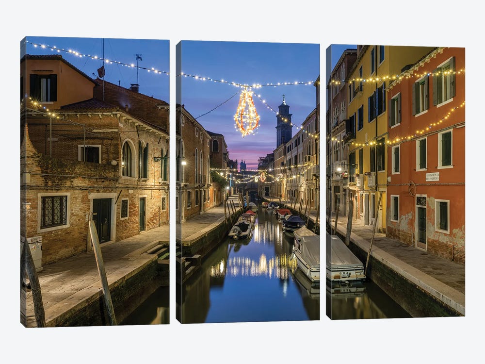 Christmas Decoration At A Small Canal In Venice, Italy by Jan Becke 3-piece Canvas Art Print