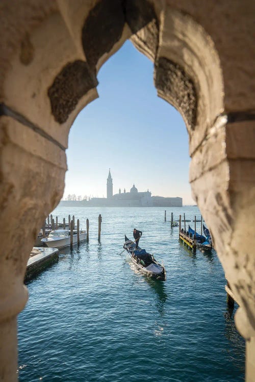 San Giorgio Maggiore Island And Gondola Seen From The Bridge Of Sighs, Venice, Italy