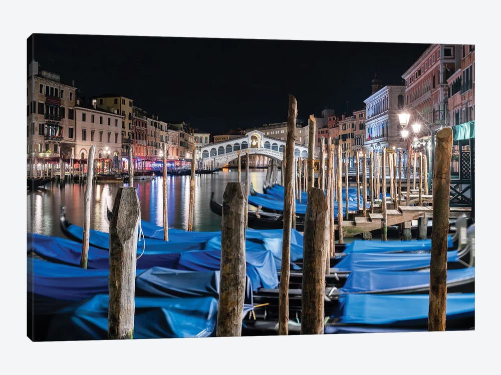 Rialto Bridge With Gondolas At Night, Venice, Italy by Jan Becke 1-piece Canvas Art Print
