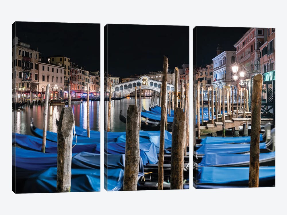 Rialto Bridge With Gondolas At Night, Venice, Italy by Jan Becke 3-piece Canvas Art Print