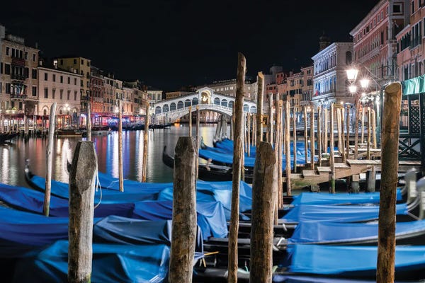 Venice: Rialto Bridge With Gondolas At Night, Venice, Italy by Jan Becke