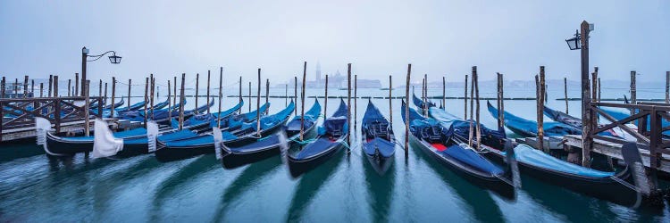 Panoramic View Of San Giorgio Maggiore Island In Winter With Gondolas In The Foreground, Venice, Italy