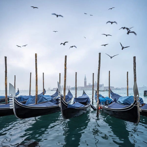 Venice: San Giorgio Maggiore Island And Gondolas In Winter, Venice, Italy by Jan Becke
