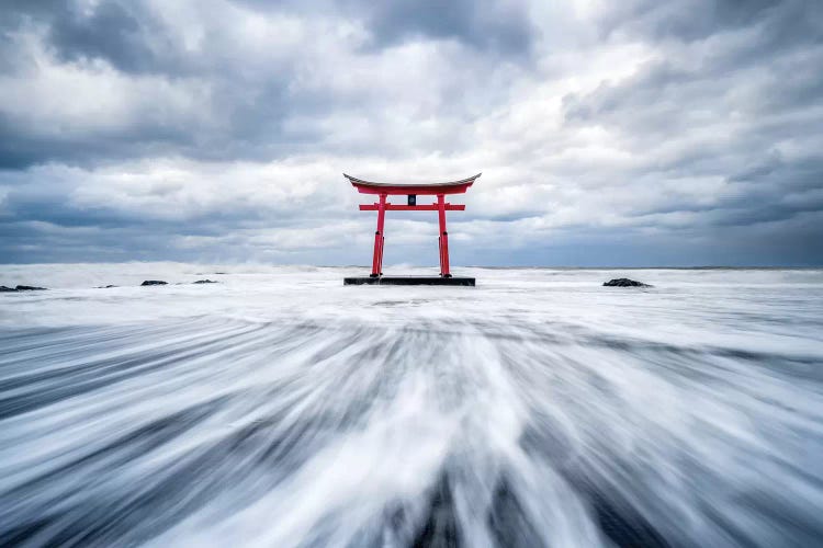 Red Torii Gate In The Sea At The Northern Coast Of Hokkaido