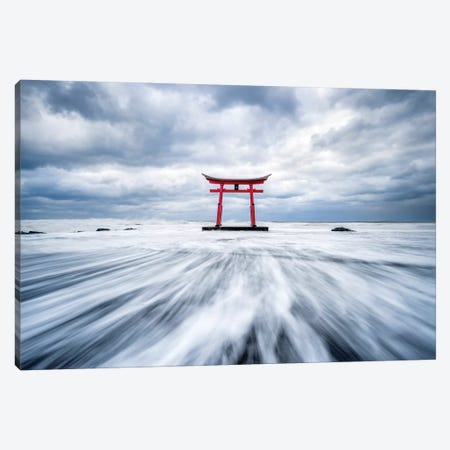 Red Torii Gate In The Sea At The Northern Coast Of Hokkaido Canvas Print #JNB224} by Jan Becke Canvas Wall Art