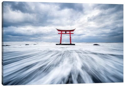 Red Torii Gate In The Sea At The Northern Coast Of Hokkaido Canvas Art Print