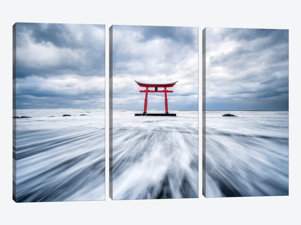 Red Torii Gate In The Sea At The Northern Coast Of Hokkaido by Jan Becke 3-piece Canvas Artwork