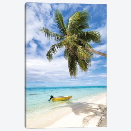 Tropical Beach With Palm Tree And Boat, Bora Bora, French Polynesia Canvas Print #JNB2251} by Jan Becke Canvas Art Print