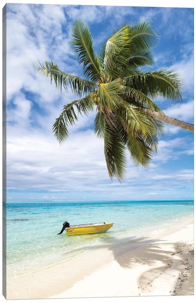 Tropical Beach With Palm Tree And Boat, Bora Bora, French Polynesia Canvas Art Print - Bora Bora