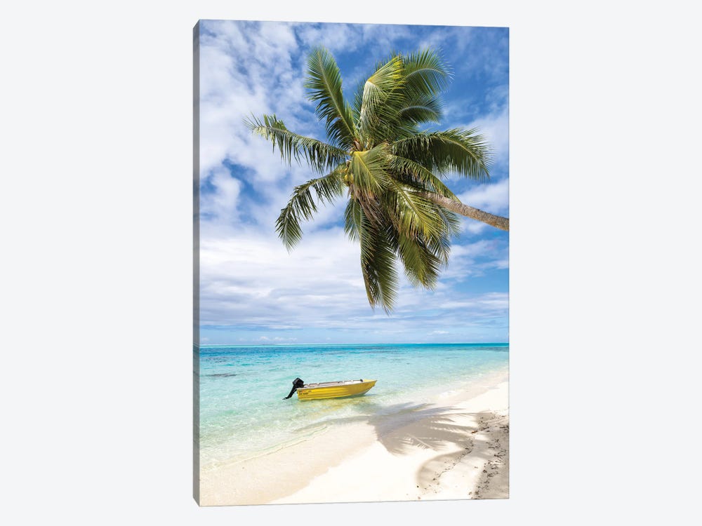 Tropical Beach With Palm Tree And Boat, Bora Bora, French Polynesia by Jan Becke 1-piece Canvas Print