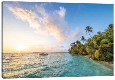 Sunset On A Tropical Island In The Maldives Canvas Art Print - Maldives