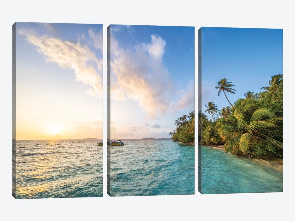 Sunset On A Tropical Island In The Maldives by Jan Becke 3-piece Art Print