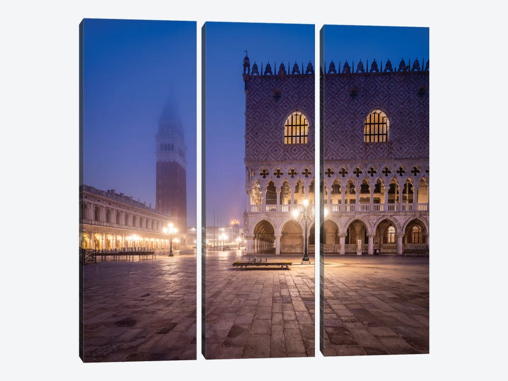 St Mark's Campanile And Doge's Palace Covered In Fog, Venice, Italy by Jan Becke 3-piece Canvas Wall Art