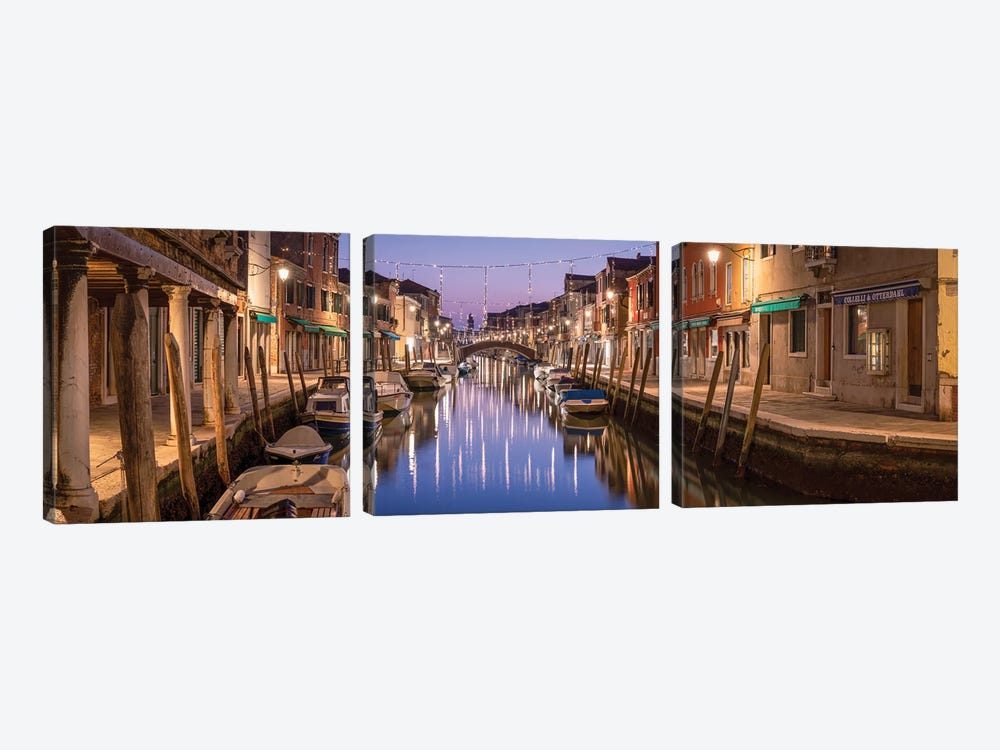 Canal At Night With Christmas Decoration, Murano Island, Venice, Italy by Jan Becke 3-piece Canvas Art Print