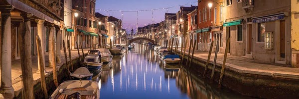 Canal At Night With Christmas Decoration, Murano Island, Venice, Italy