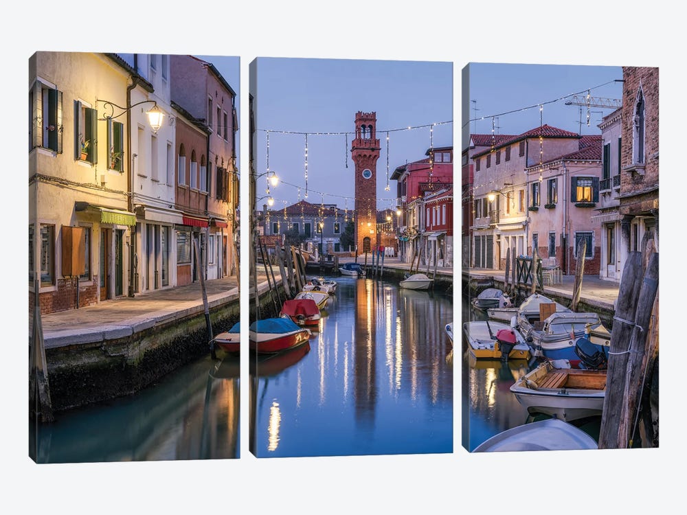Bell Tower And Old Town Of Murano At Night, Venice, Italy by Jan Becke 3-piece Canvas Artwork