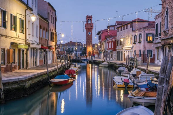 Bell Tower And Old Town Of Murano At Night, Venice, Italy