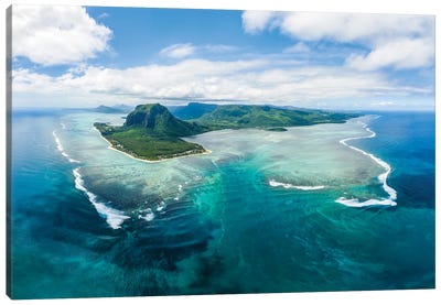 Aerial View Of The Lagoon With Underwater Waterfall Illusion On Mauritius Island Canvas Art Print - Aerial Photography