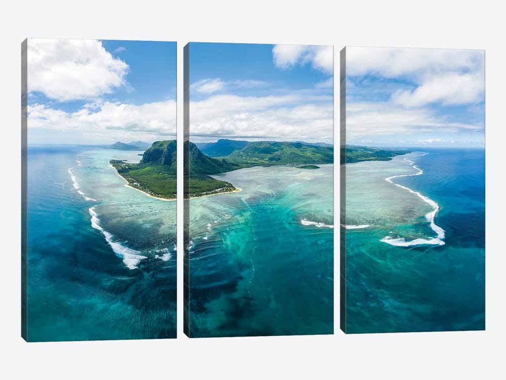 Aerial View Of The Lagoon With Underwater Waterfall Illusion On Mauritius Island by Jan Becke 3-piece Art Print
