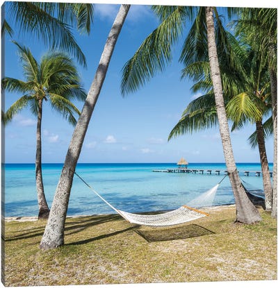 Relaxing Summer Vacation In A Hammock On The Beach, French Polynesia Canvas Art Print - French Polynesia Art