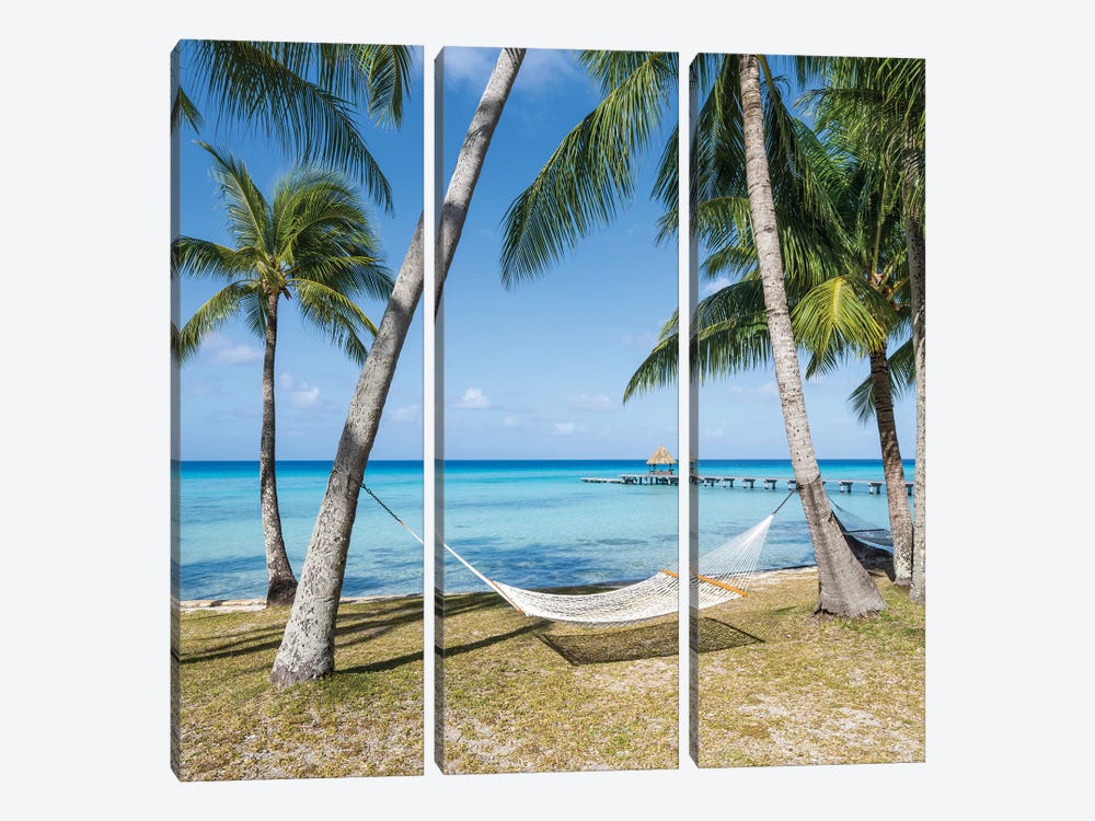 Relaxing Summer Vacation In A Hammock On The Beach, French Polynesia by Jan Becke 3-piece Canvas Wall Art
